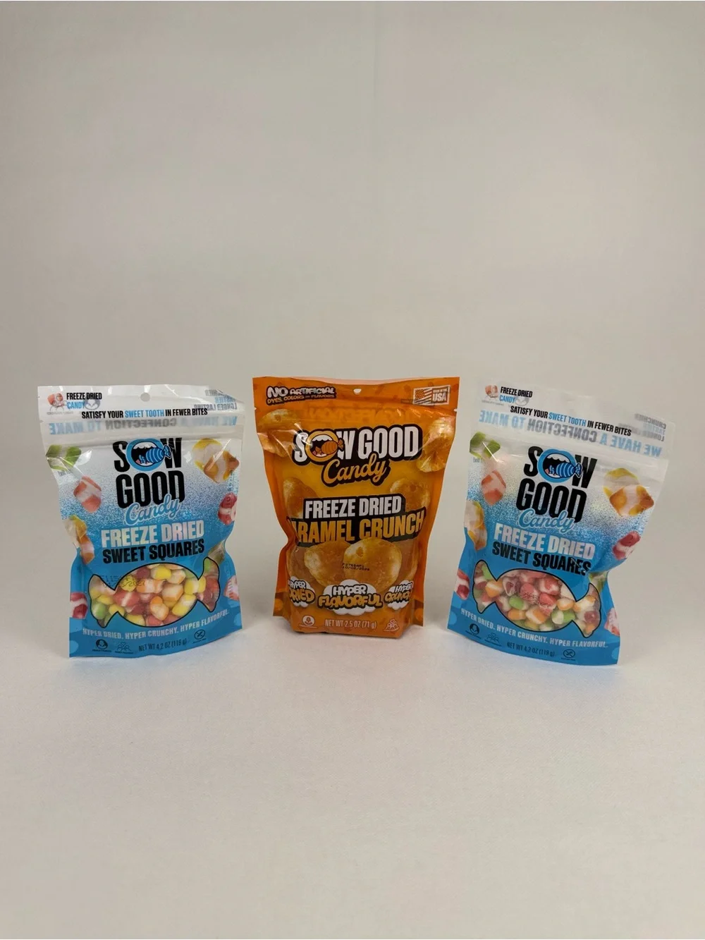 Sow Good Freeze Dried Candy Lot of 3 Sweet Squares & Caramel Crunch